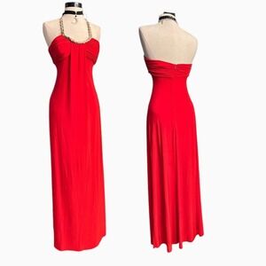Formal Red Maxi Halter Dress Size Small Stretchy Gold Chain detail Evening